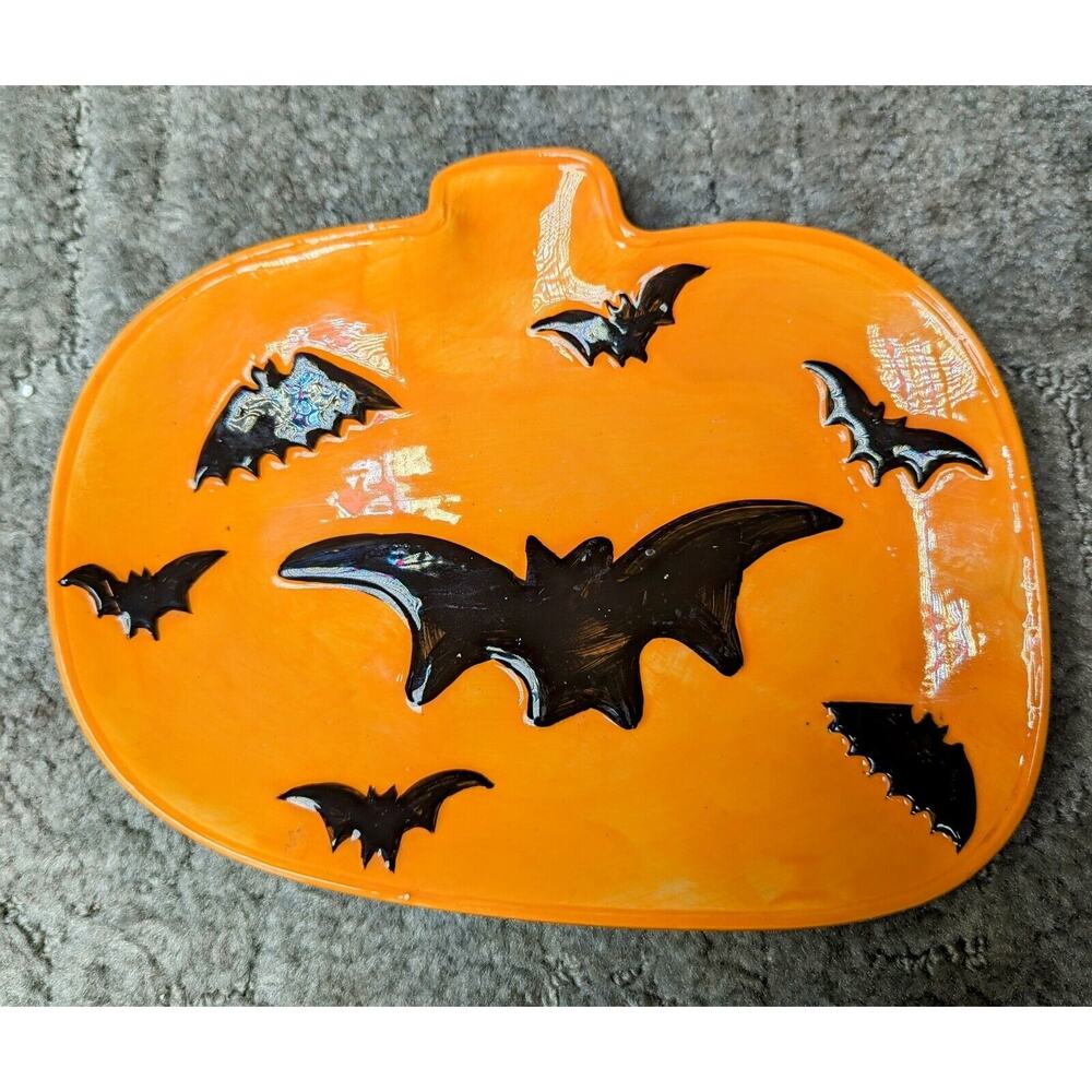 Halloween Bat Candy Dish 2008 HALLOWEEN DECOR orange pumpkin black bats 8x6.5 in - Picture 5 of 5